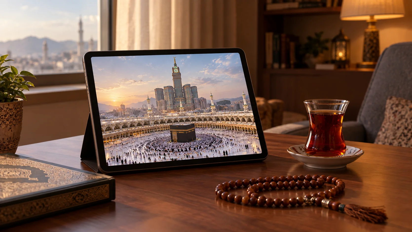 Sehpada duran tablet ekranında Mescid-i Haram görüntüsü, yanında tespih ve çay