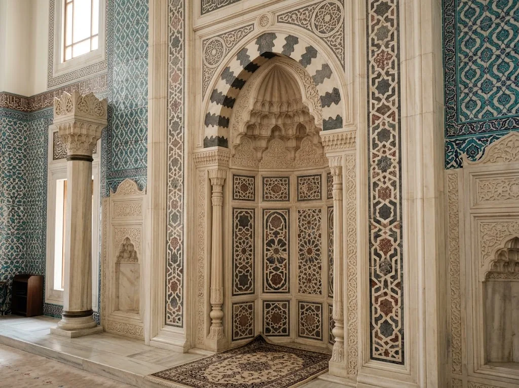 Mescit içinde imamın namaz kıldırdığı mihrap nişi ve mermer işçiliği