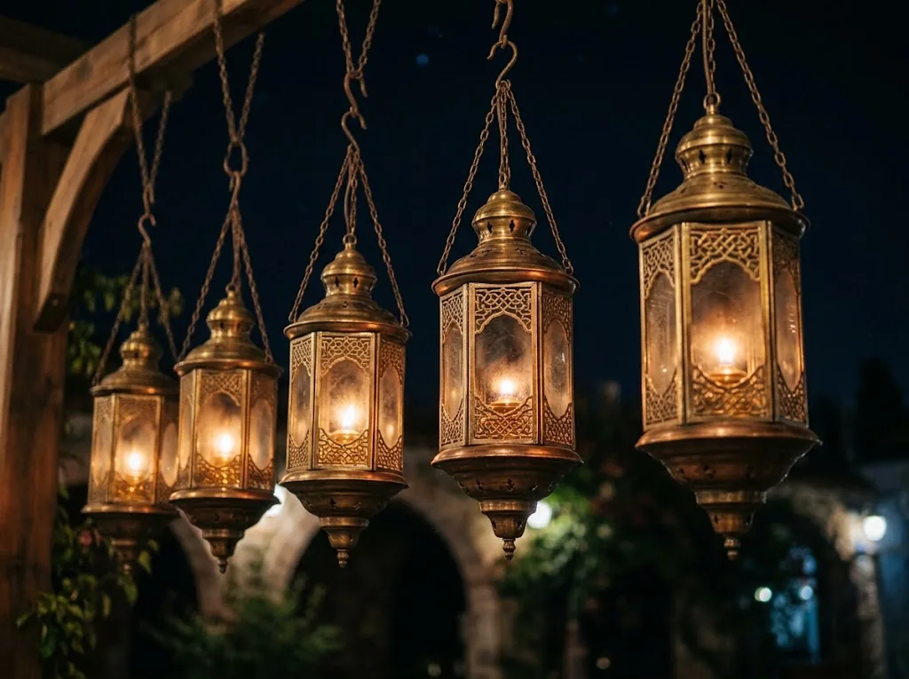 Ramazan ayının son on gecesini temsil eden kandil sıraları ve gece gökyüzü detayı