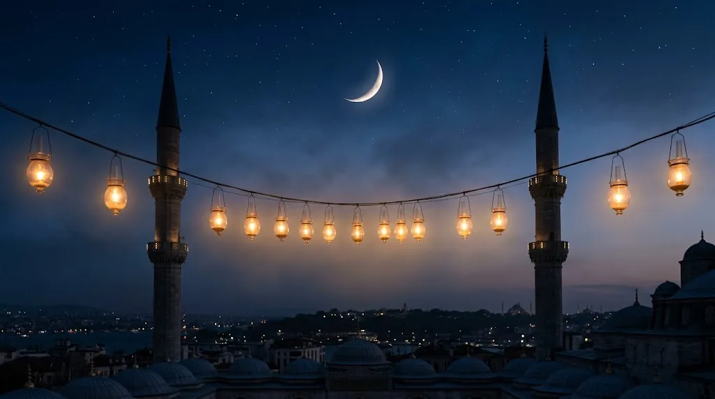 2027 dini günler takvimini simgeleyen hilal ve osmanlı kandil lambaları gece kompozisyonu