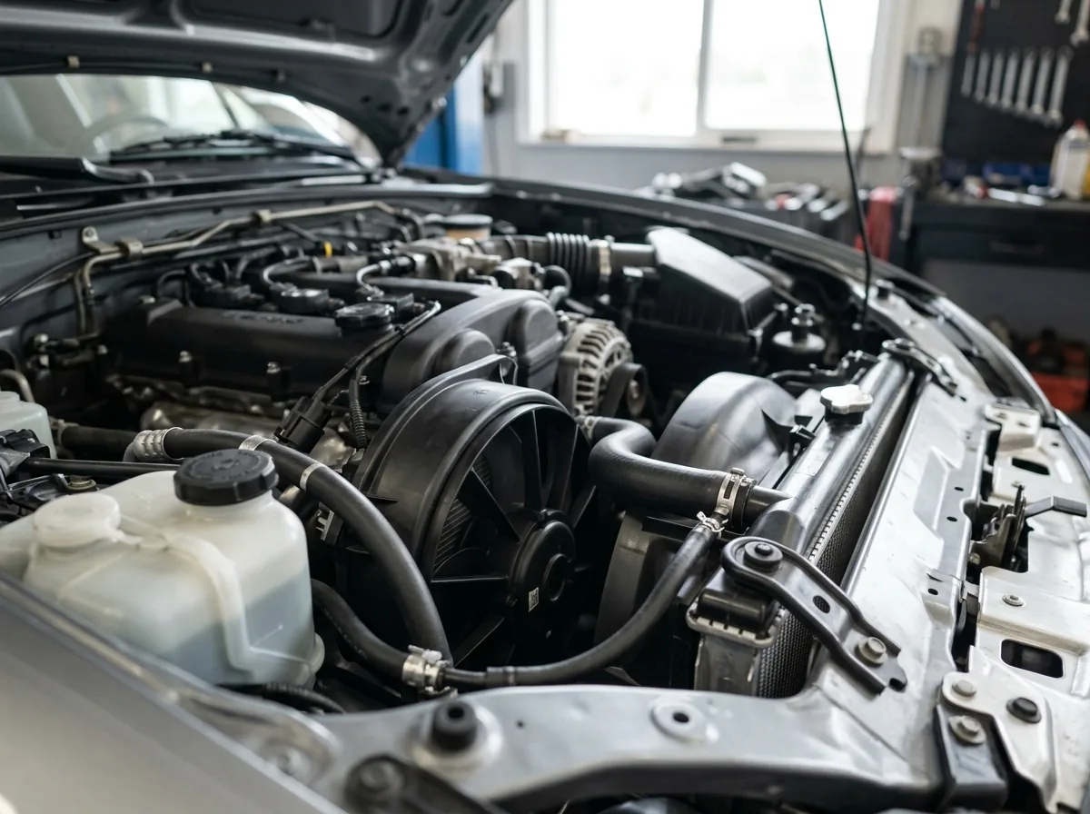 Açık motor kaputu altında soğutma sistemi ve radyatör bölgesinin yakın plan görünümü