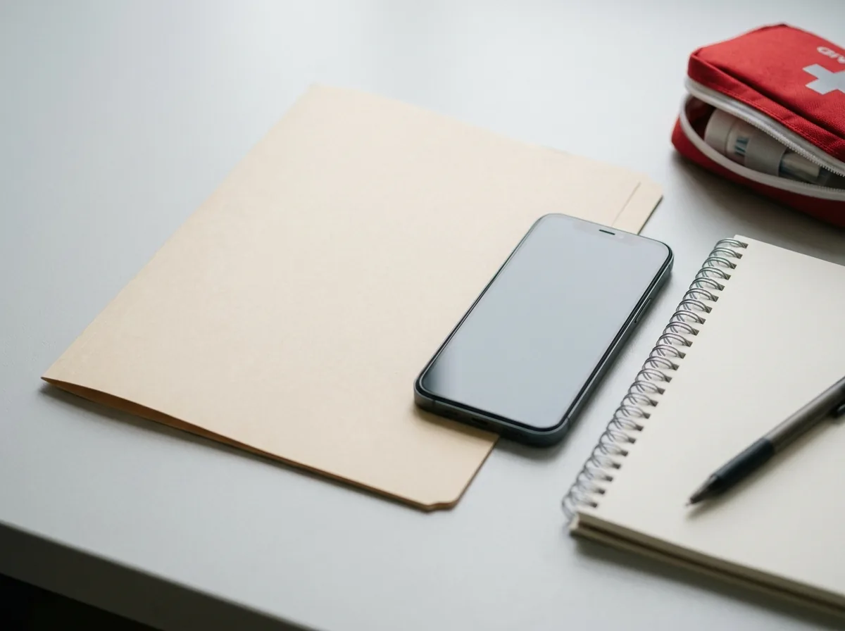 Sade bir masada duran seyahat sigortası dosyası, telefon ve not defterinden oluşan hazırlık düzeni