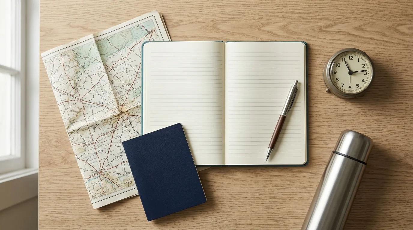 Karayolu umre yol günlüğü için açık defter, harita ve gün gün planlama düzeni