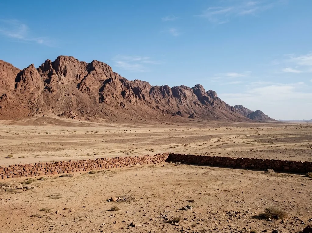 Uhud Dağı'nın kırmızımsı kayalık yamaçları ve önündeki düz şehitlik alanı