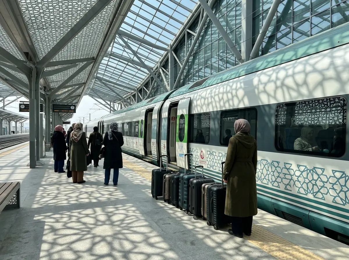 Modern tren istasyonu peronunda bekleyen yüksek hızlı tren ve tekli valizler