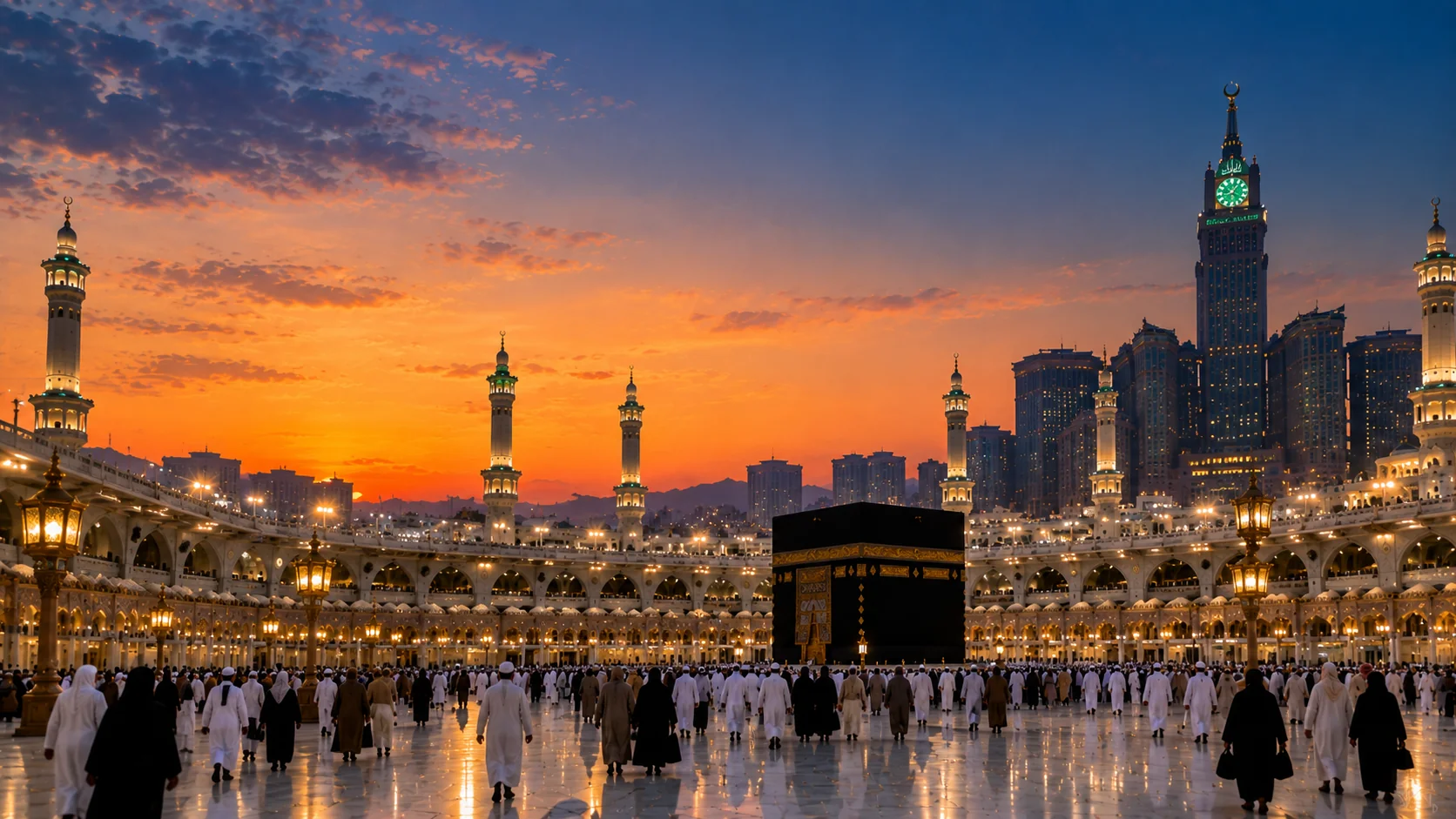 Mekke'de akşam ezanı vakti Harem avlusu
