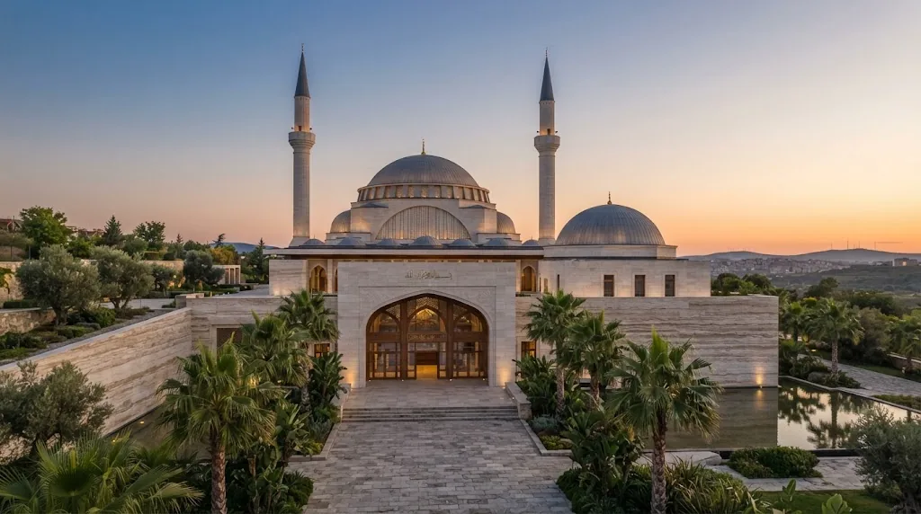 Çift kubbeli ve iki minareli beyaz taş mescidin gün batımındaki dış görünümü