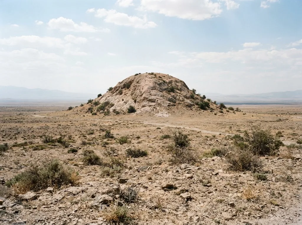Arafat ovasında alçak granit tepe ve çevresindeki düz taşlı arazi