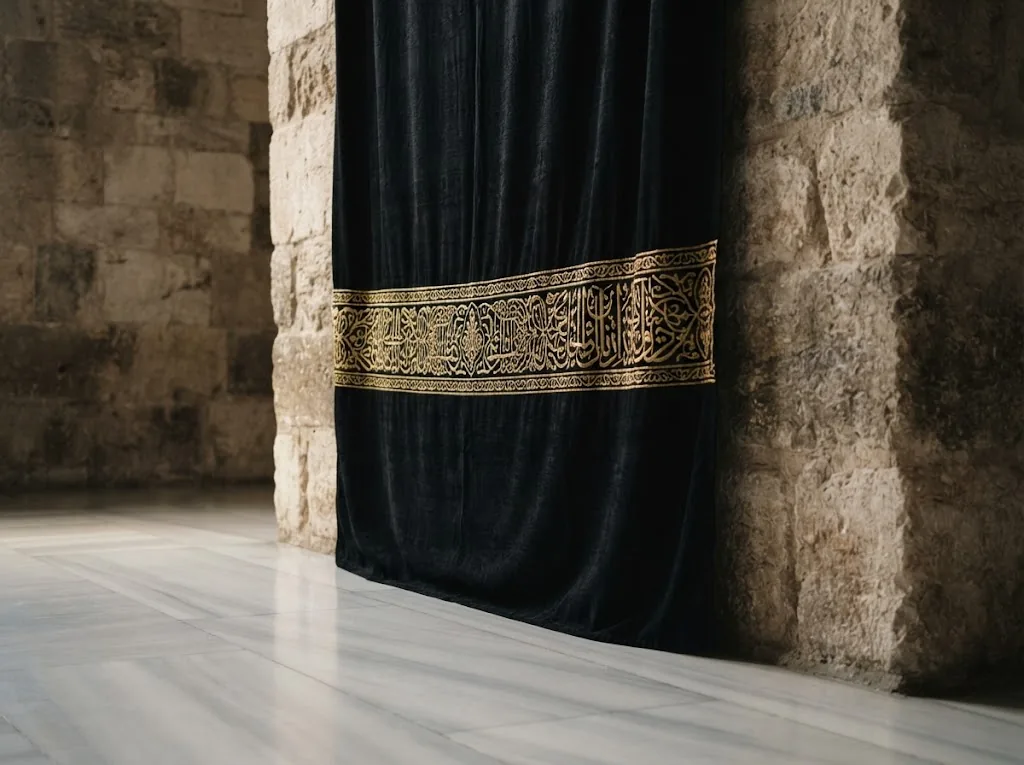 Siyah örtüyle kaplı yüksek taş duvarın altın şeritli alt kısmı ve mermer taban