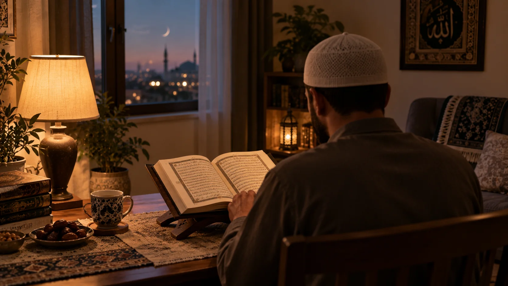 Ramazanda sahur sonrası evde Kur'an okuyan kişi