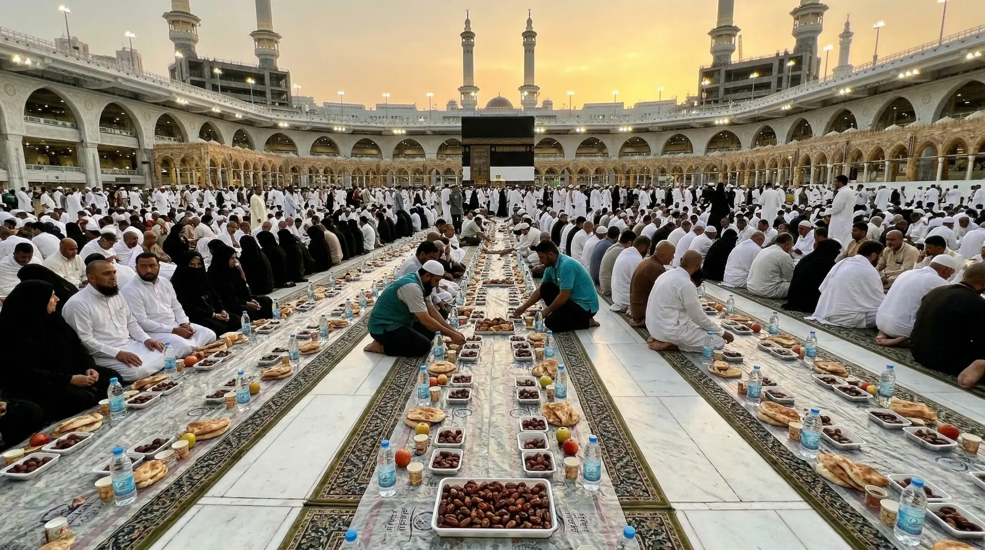 Mescid-i Haram'da toplu iftar ve Kabe manzarası