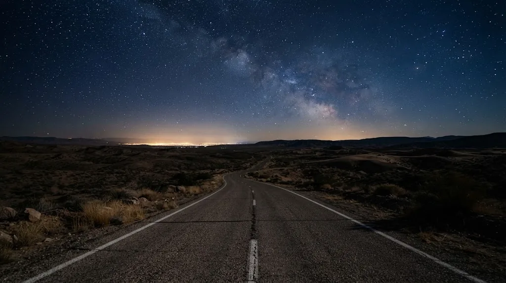 Gece gökyüzü altında çöl yolu ve uzakta beliren şehir ışıkları, sakin atmosfer