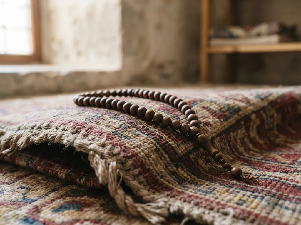 Ahşap masada sade tesbih ve seccade kenarının yakın plan dokusu