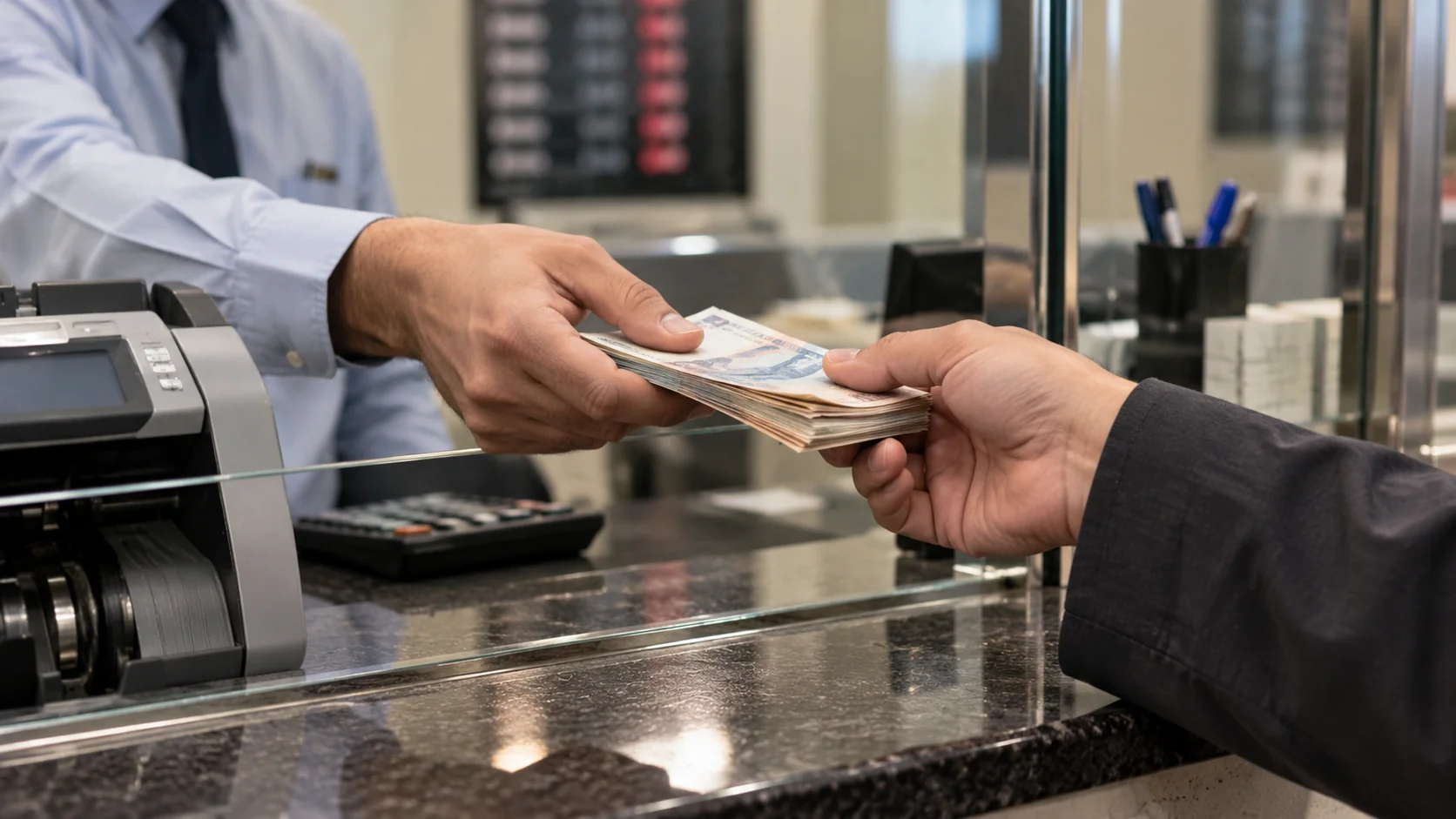 Döviz bürosu tezgâhında elden ele geçen banknotlar