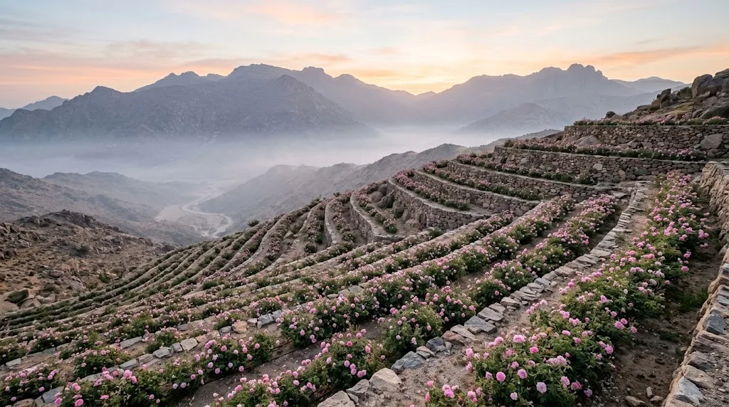 Taif yaylasında taş teraslar üzerinde sıralanmış pembe gül bahçeleri ve arkadaki dağ silsilesi
