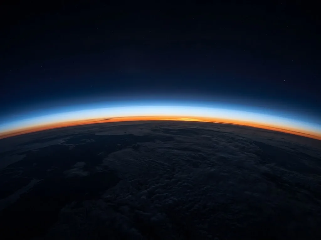 Yeryüzü eğriliğinin görüldüğü yükseklikten çekilmiş gündoğumu ufku ve atmosfer katmanı