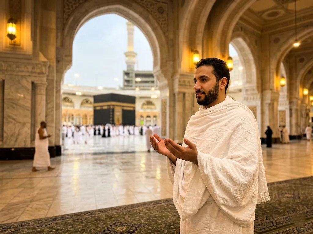 Mescid-i Haram'da ihramlı olarak dua eden umre yolcusu