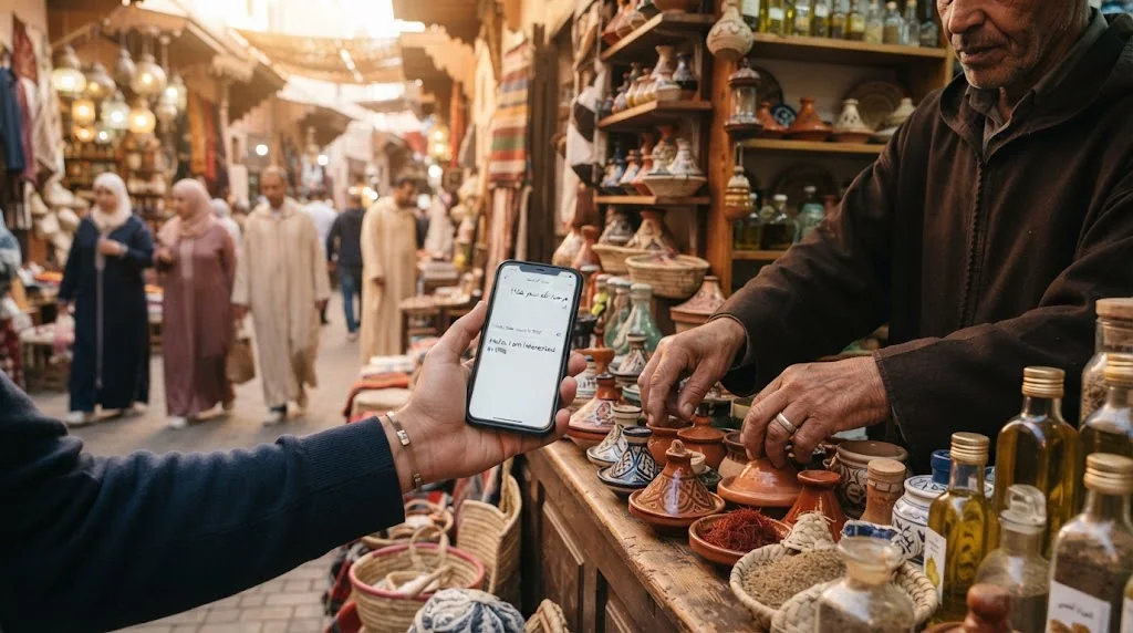 Medine çarşısında tezgâh önünde çeviri uygulaması açık telefon