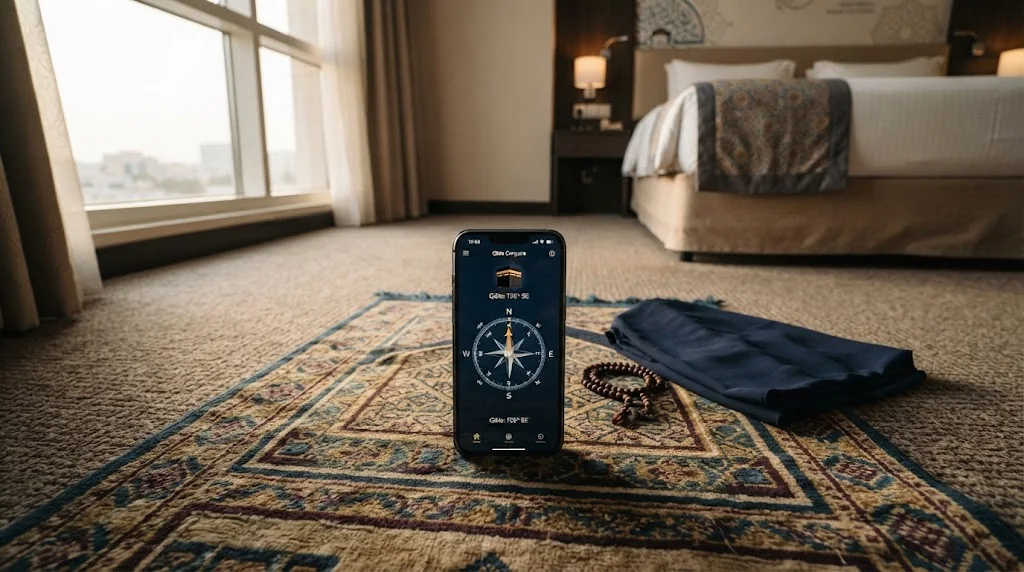 Otel odasında seccade üzerinde kıble pusulası uygulaması açık telefon
