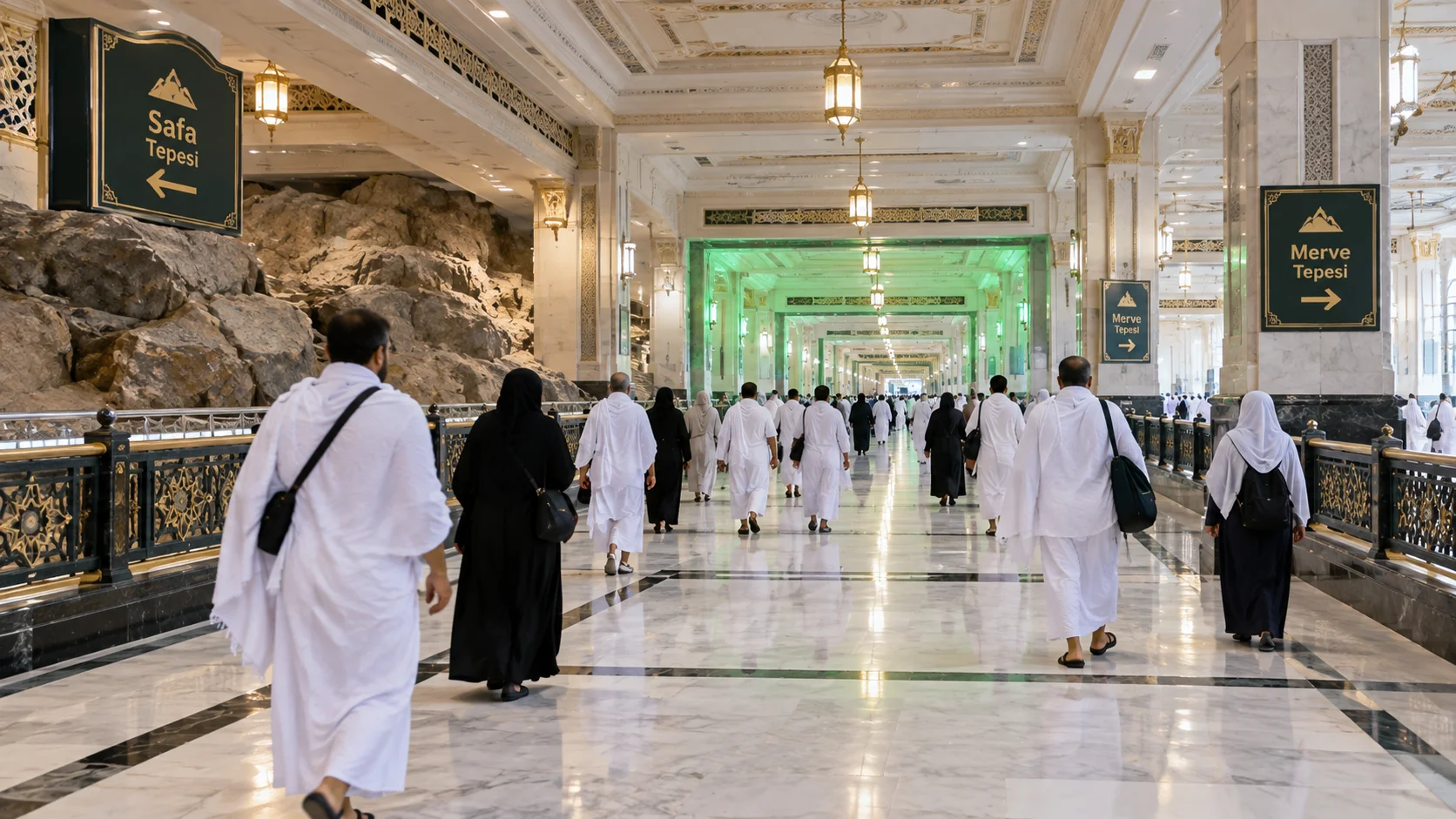 Sa'y koridorunda Safa'dan Merve'ye yürüyen yolcular