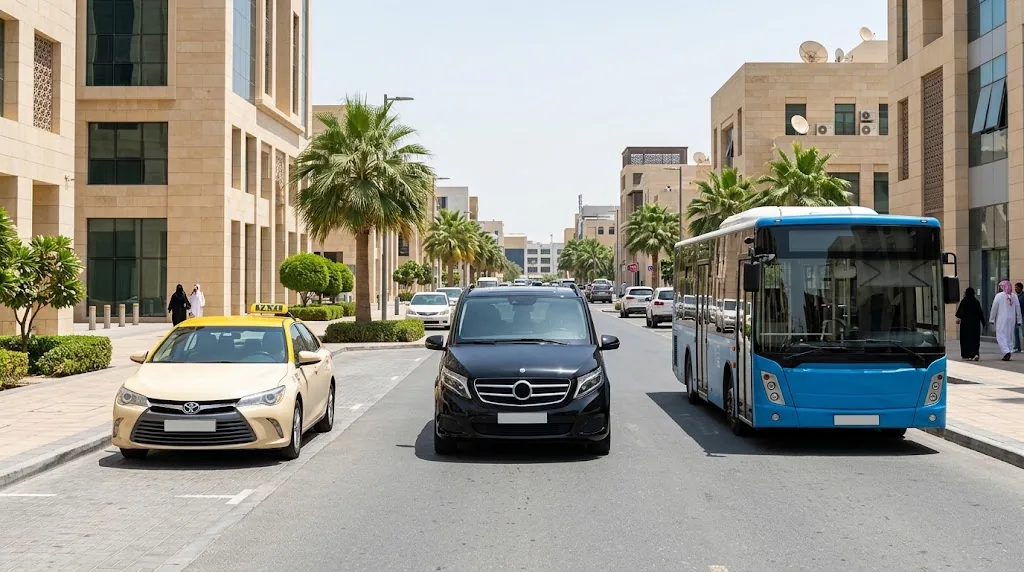 Umre transfer seçeneklerini temsil eden taksi, VIP minivan ve şehir otobüsünün yan yana görünümü