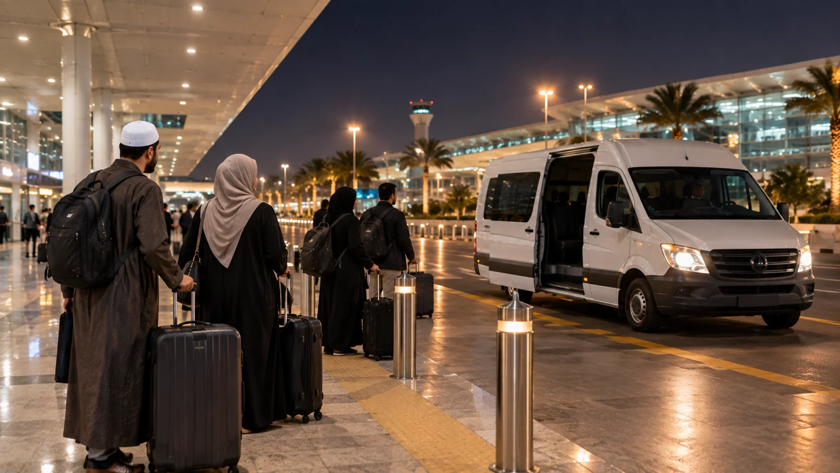 Cidde havalimanı çıkışında bavullarıyla transfer aracını bekleyen yolcular