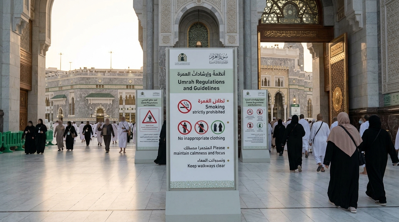 Umre ibadeti sırasında ihrama girmiş hacıların Mescid-i Haram'da dikkatli ve huşu içinde ibadet ettiği, beyaz ihram giysileri, saygılı atmosfer, Kabe manzarası