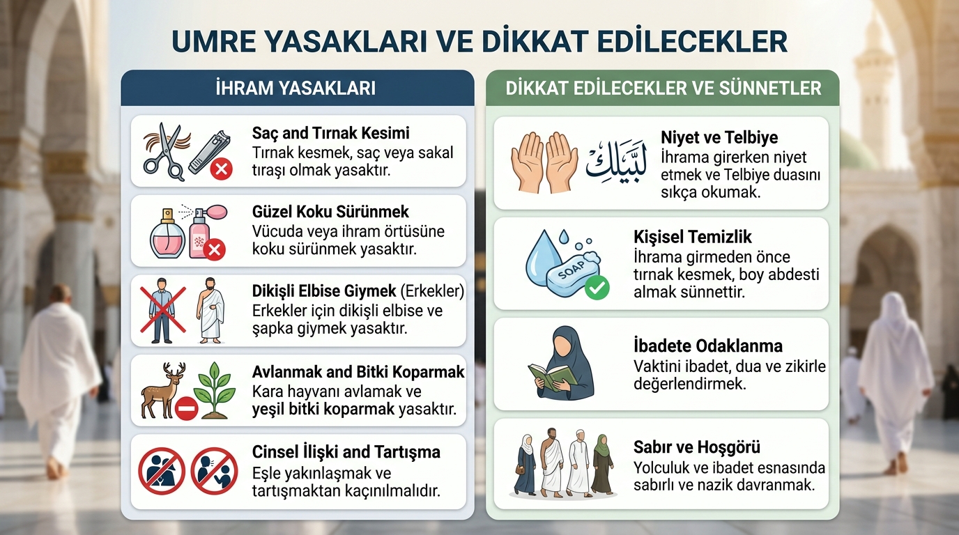 Umre yasakları ve dikkat edilecek sünnetleri gösteren rehber görsel