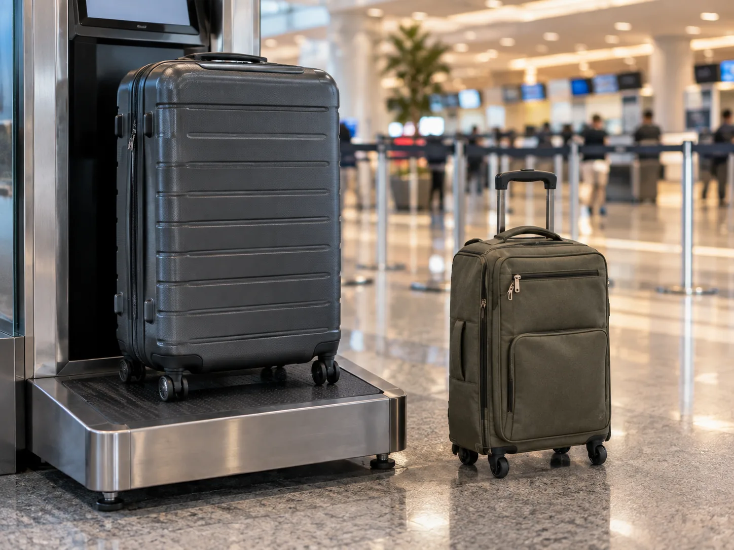 Havalimanı check-in bankosunda tartıya bırakılan valiz ve yanında bekleyen kabin çantası