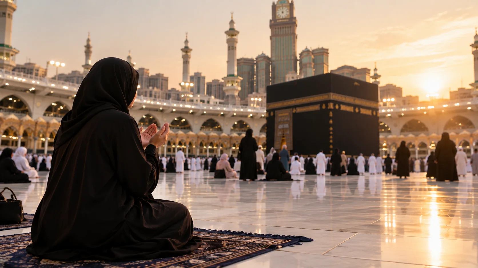 Tesettürlü bir kadın Mescid-i Haram avlusunda seccadesi üzerinde dua ederken