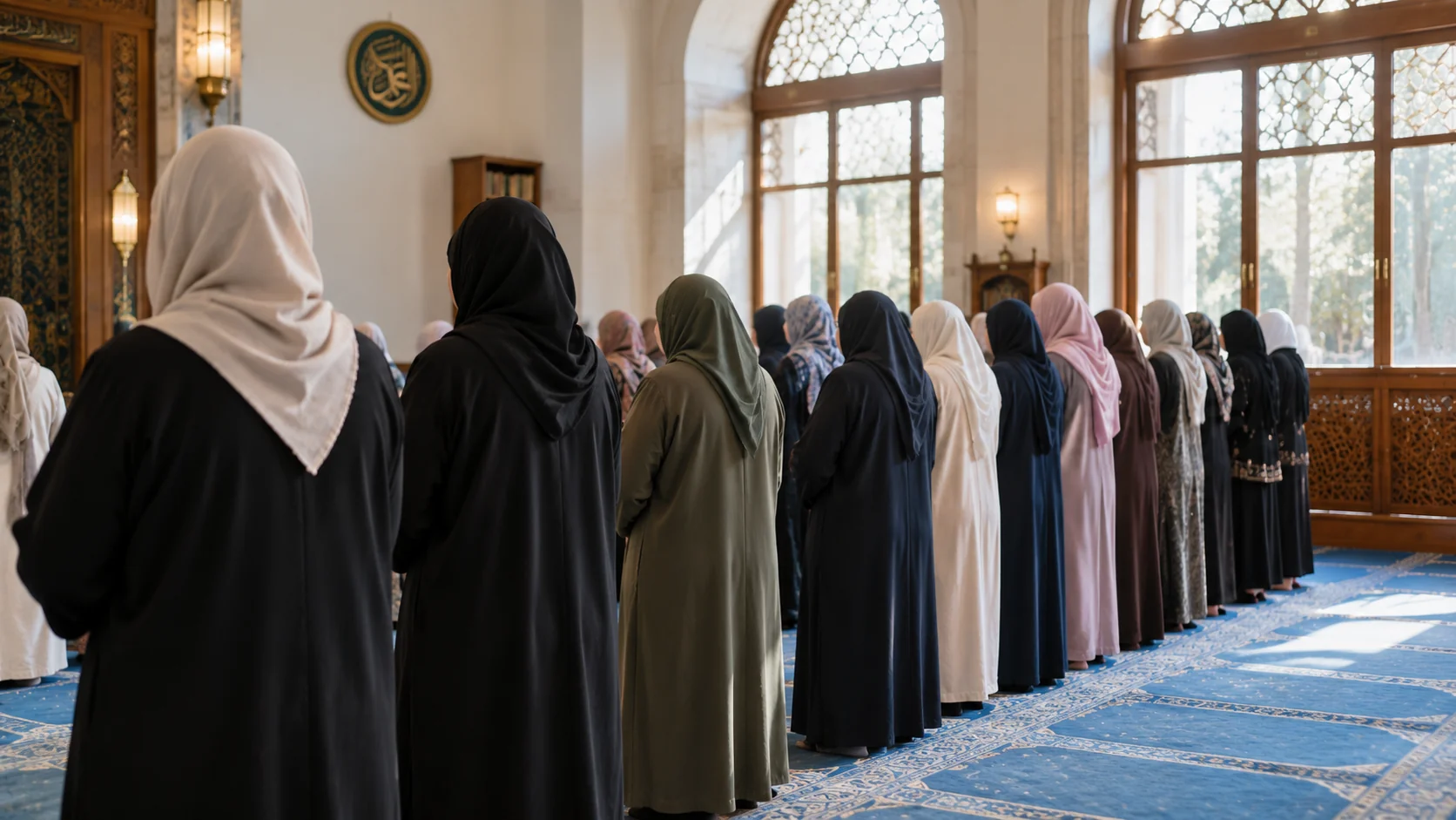 Kadınlara ayrılmış namaz bölümünde saf tutmuş tesettürlü cemaat