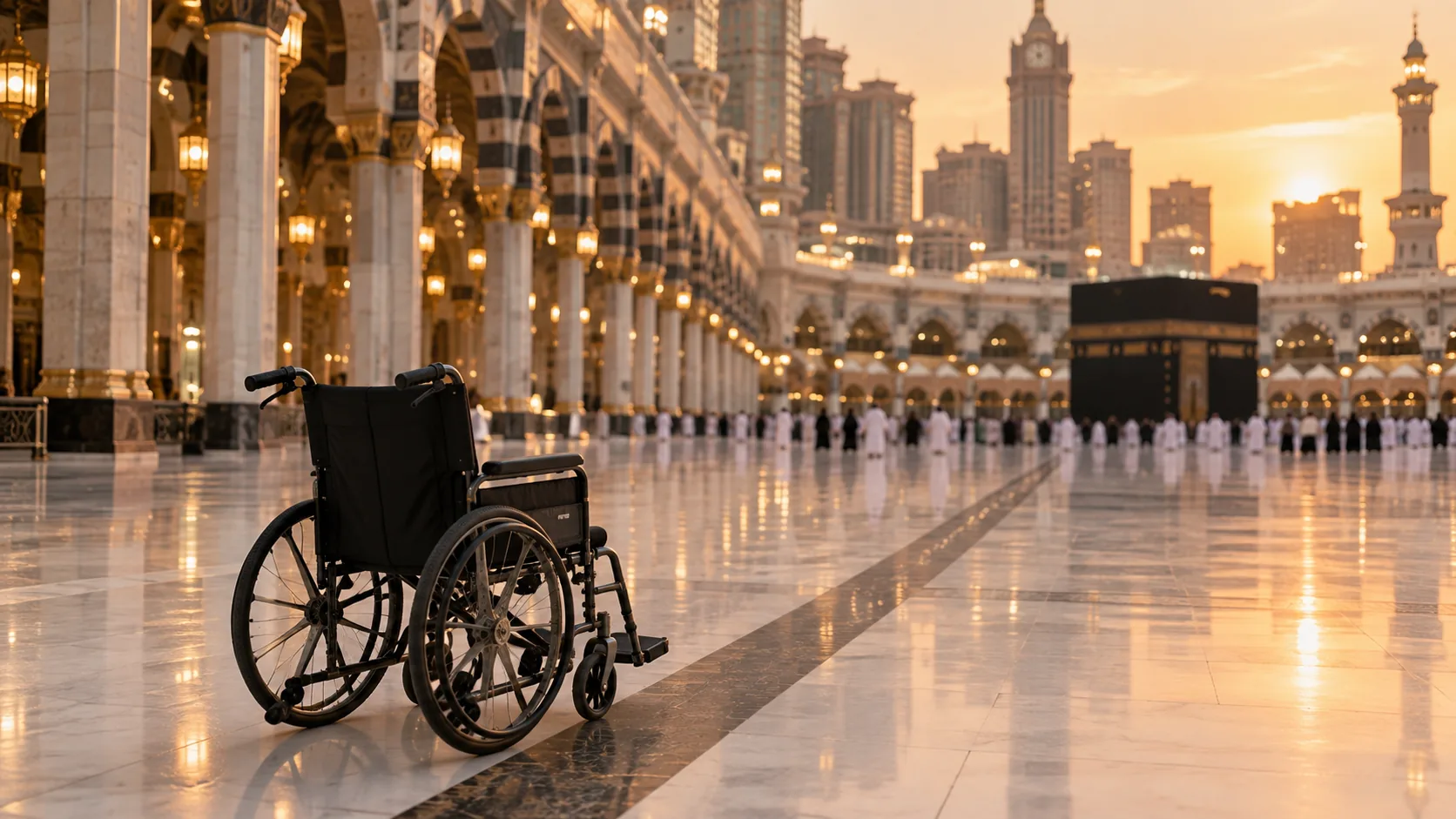 Mescid-i Haram avlusunda tekerlekli sandalyeyle tavaf eden umrecilere ayrılmış geniş erişim alanı ve düz zemin