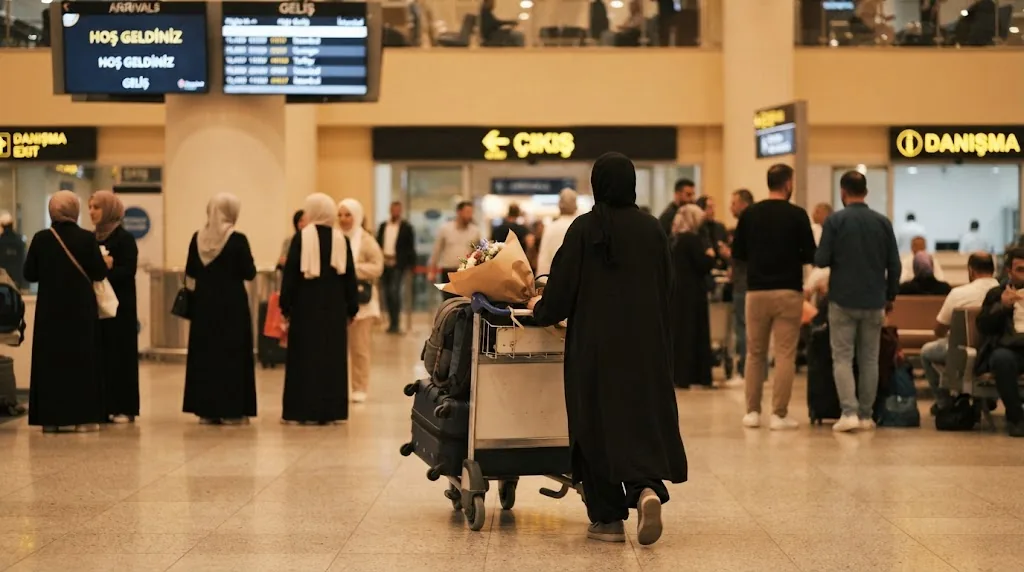 Havalimanı karşılama alanında bavullar, çiçek buketi ve sıcak ışıklı bekleme salonu