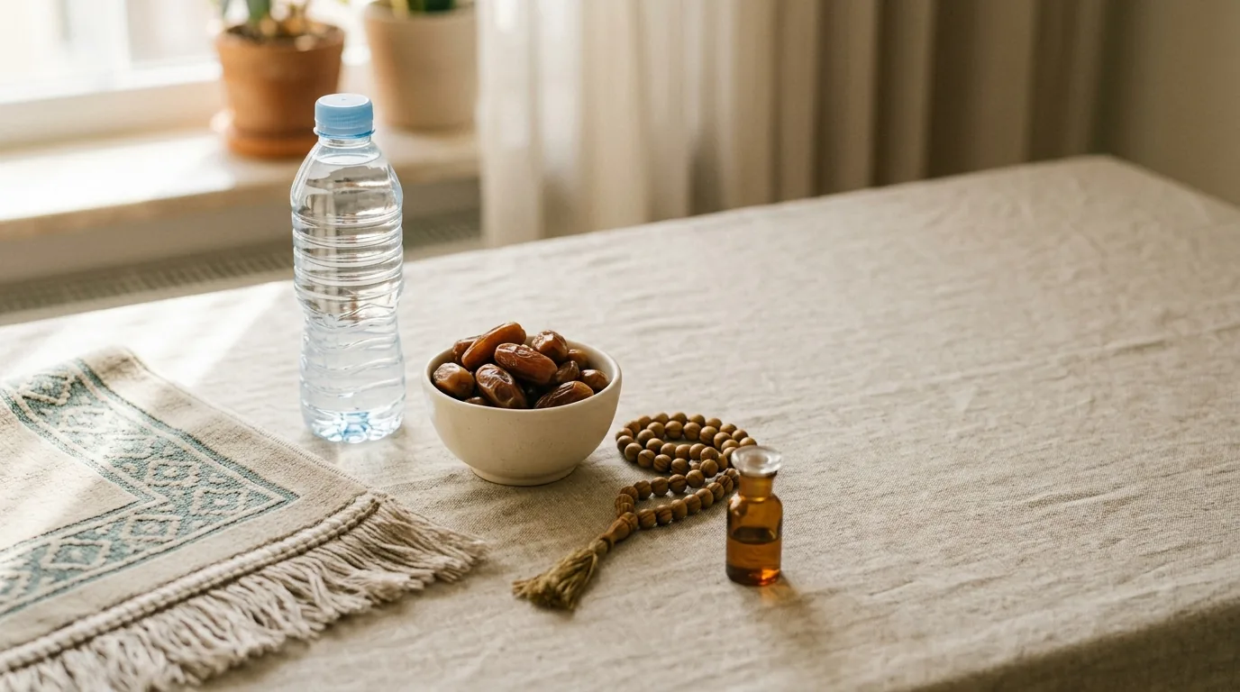 Umre dönüşü getirilen zemzem şişesi, hurma tabağı ve tesbihten oluşan hediye düzeni