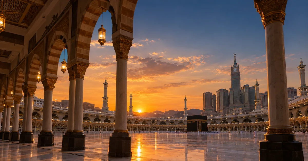 Mescid-i Haram'ın avlusunda gün batımı, uzakta Kâbe siluetiyle sakin bir ibadet atmosferi
