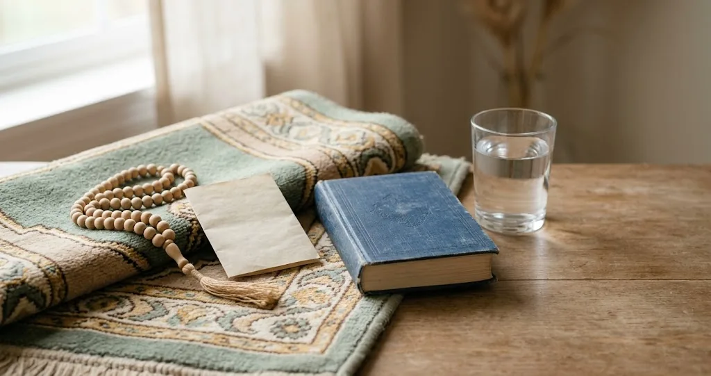Dua isteği için hazırlanmış katlanmış kâğıt notu, tesbih ve seccadenin yer aldığı sakin düzen