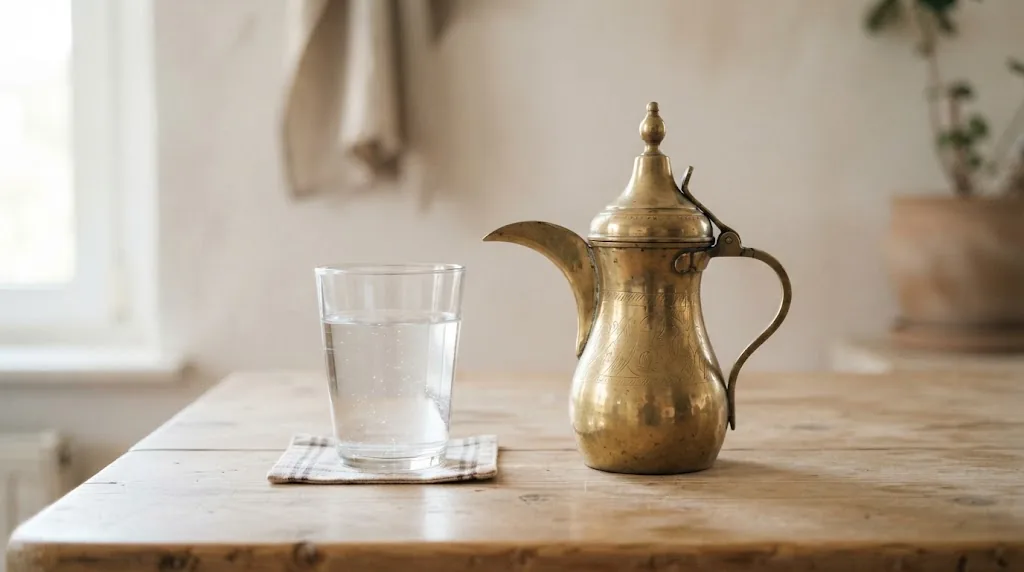 Zemzem suyu dolu cam bardak ve pirinç ibrik ile sade ahşap masa düzeni