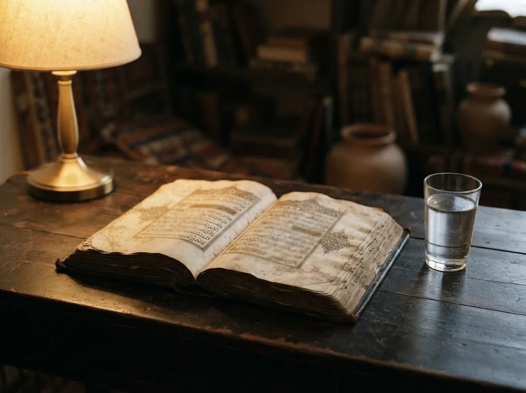 Açık el yazması kitap ve yanında duran su bardağı, sıcak tonlu masa üstü