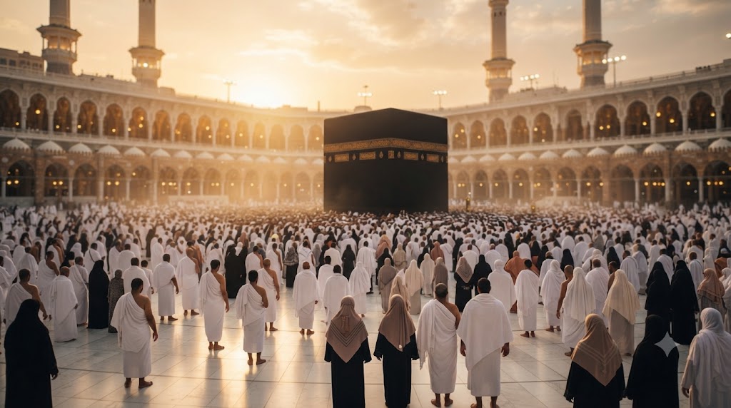Diyanet veya acente üzerinden umre başvurusu yapan bir kişinin bilgisayar başında form doldurduğu, Türk bayrağı ve Suudi Arabistan bayrağı yan yana, profesyonel ve güvenilir atmosfer