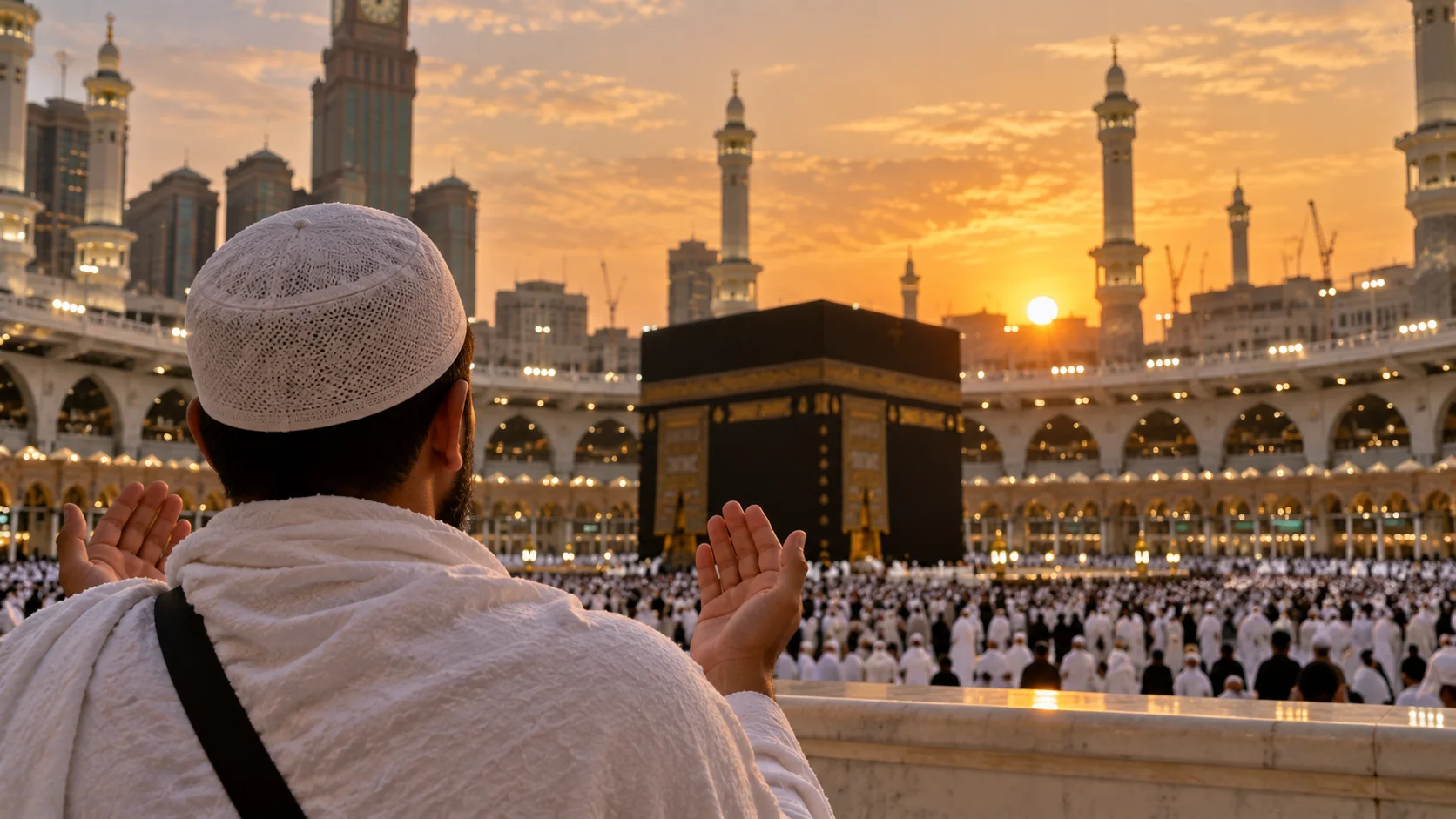 Mescid-i Haram'da Kâbe'ye dönük elleri açık dua eden bir yolcunun arkadan çekilmiş kare
