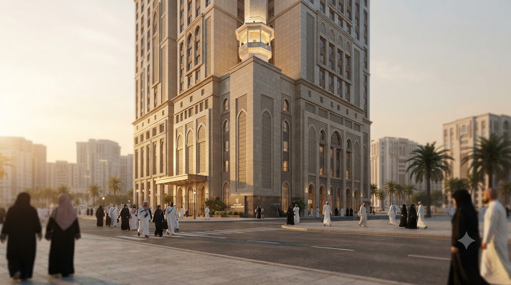Mekke'de Mescid-i Haram'ın manzarasına sahip lüks bir umre otelinin panoramik görünümü, altın ışıklarla aydınlanmış Kabe manzarası, modern otel mimarisi, huzurlu ve konforlu atmosfer