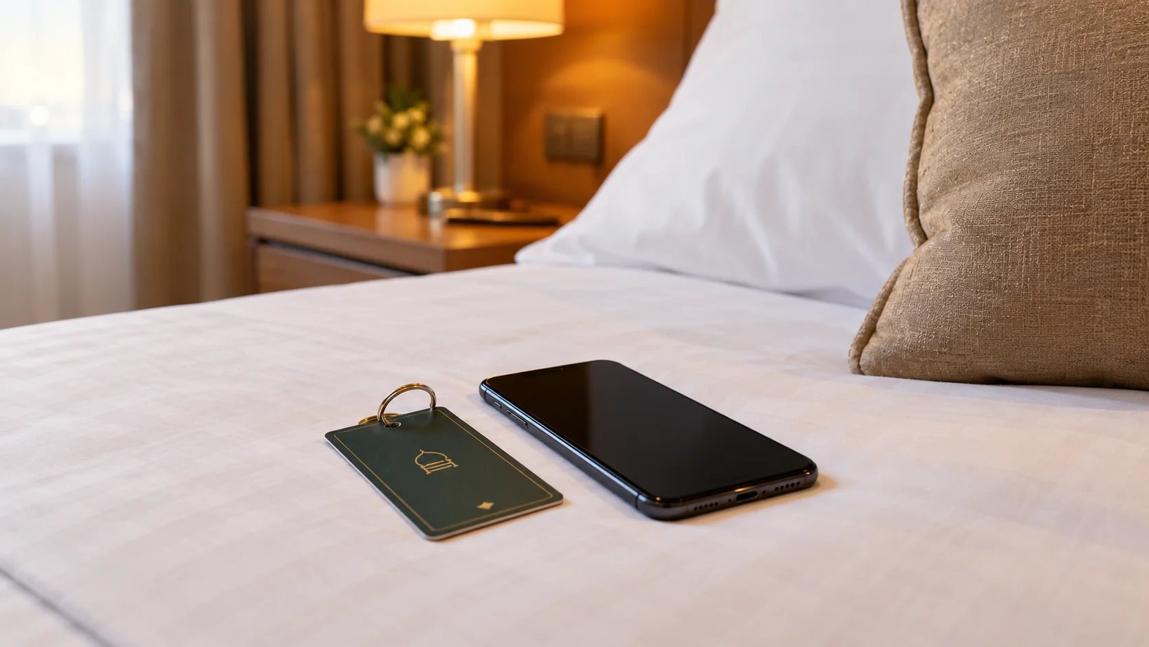 Otel odası anahtarı ve telefonun yatak üzerindeki yakın planı
