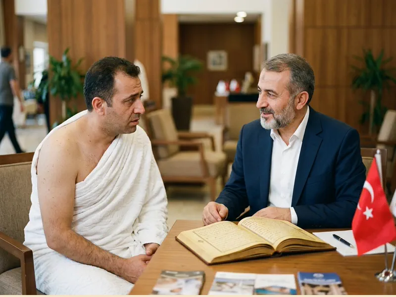 Din görevlisine danışmak için rehber ofisine gelen endişeli yolcunun karşılanması