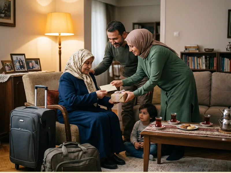Ailenin umre yolcusuna hediyesini ve dua zarfını teslim ettiği sıcak sahne