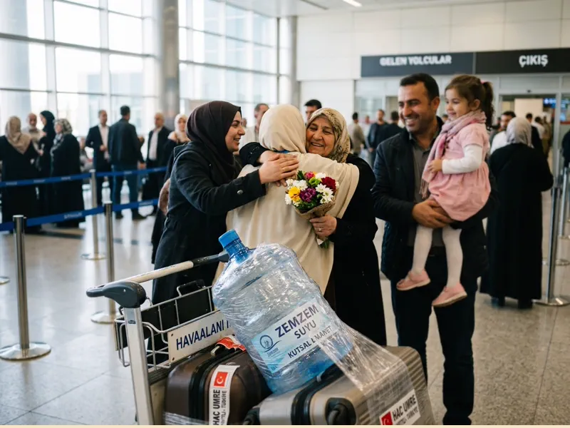 Havalimanında umre dönüşü yolcuyu çiçeklerle karşılayan ailenin sevinçli anı