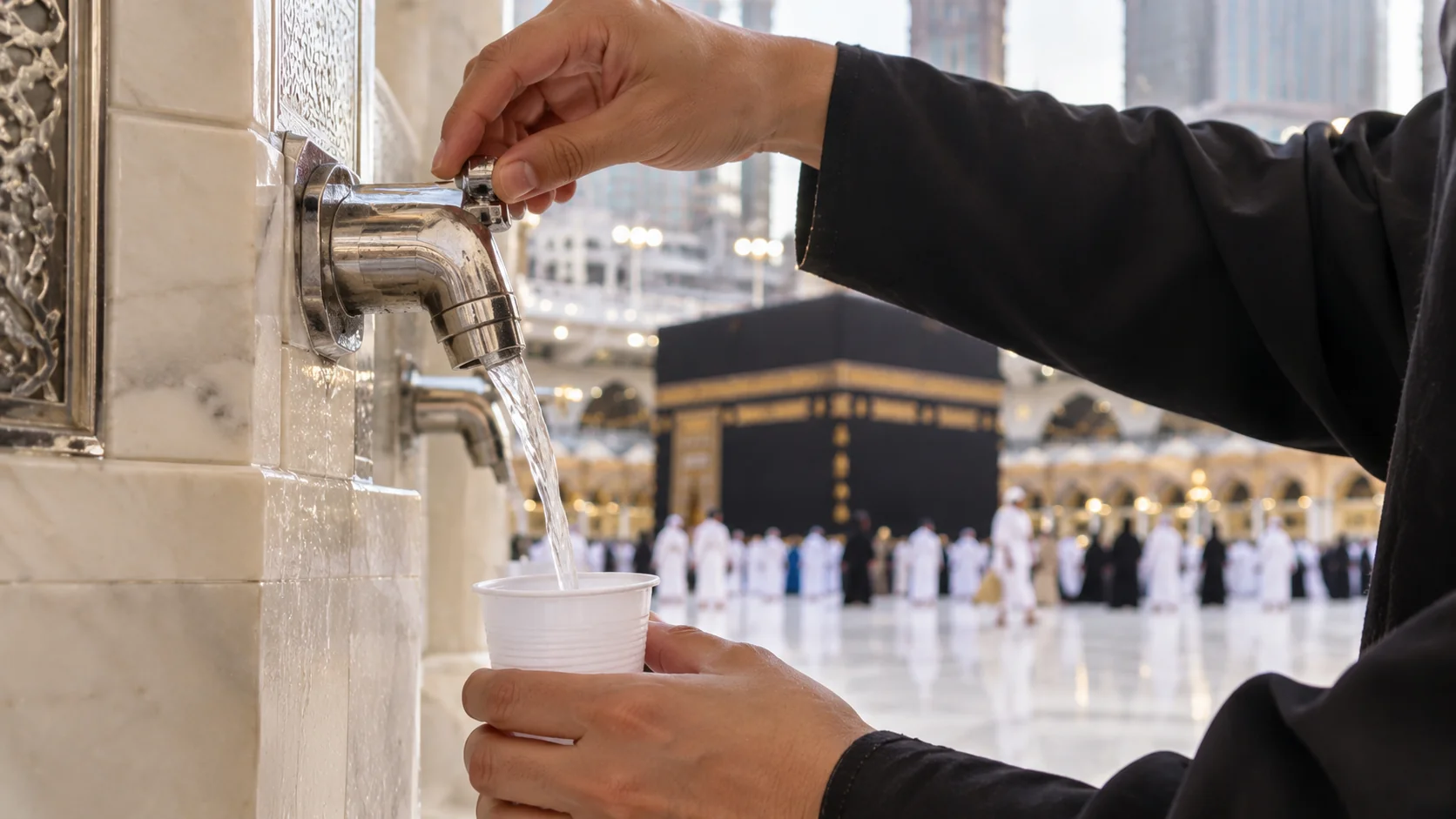 Mescid-i Haram'da zemzem sebilinden bardağa su dolduran bir elin yakın planı